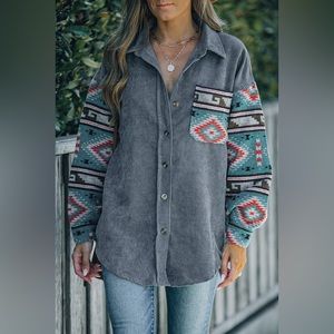 Womens Grey Ribbed Corduroy Aztec Western Boho Cowboy Button Down Shirt